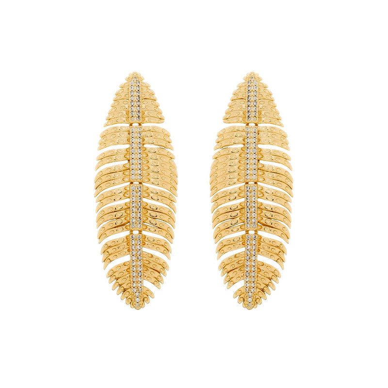 Brinco Dourado de Pena Cravejado de Zircônia Davyma