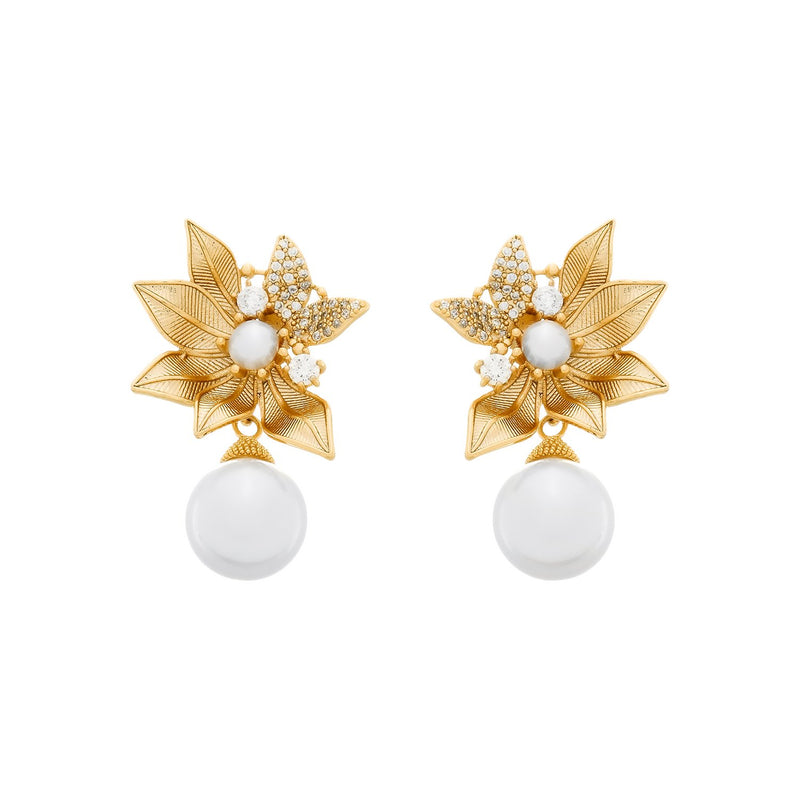 Brinco Dourado com Folhas em Zircônia e Pérolas