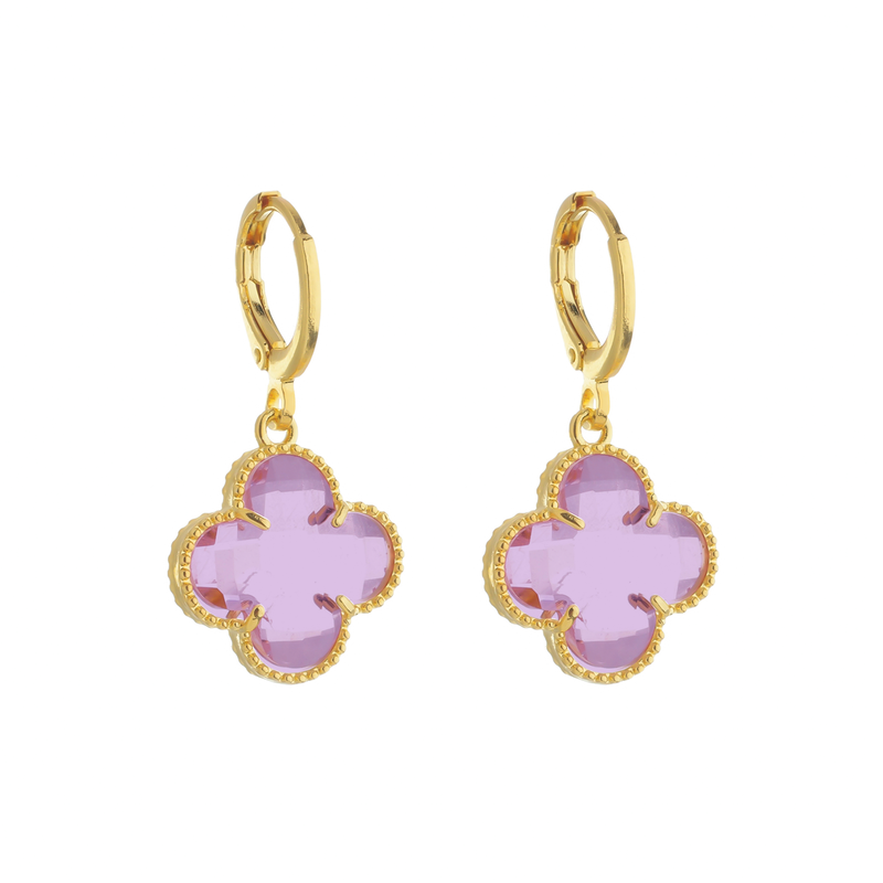 Brinco Dourado de Trevo com Zircônia Rosa Davyma