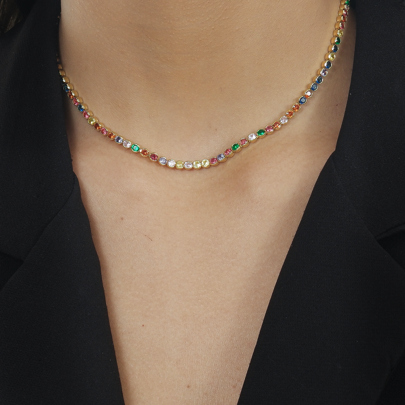 Colar Dourado Chocker Riviera Pedras Coloridas Davyma