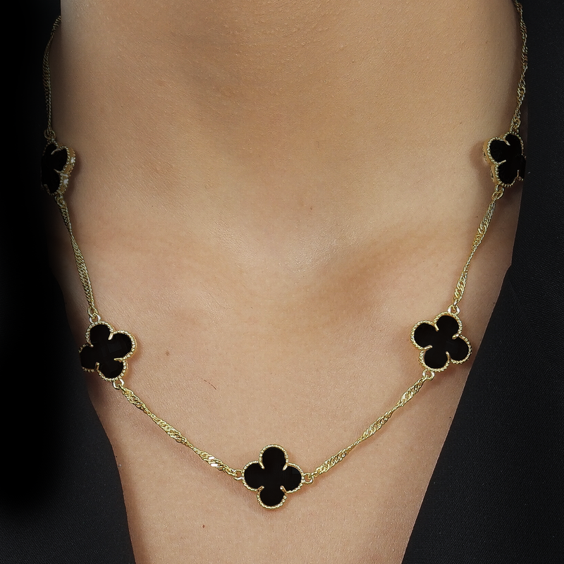 Colar Dourado 5 Trevos Preto Davyma