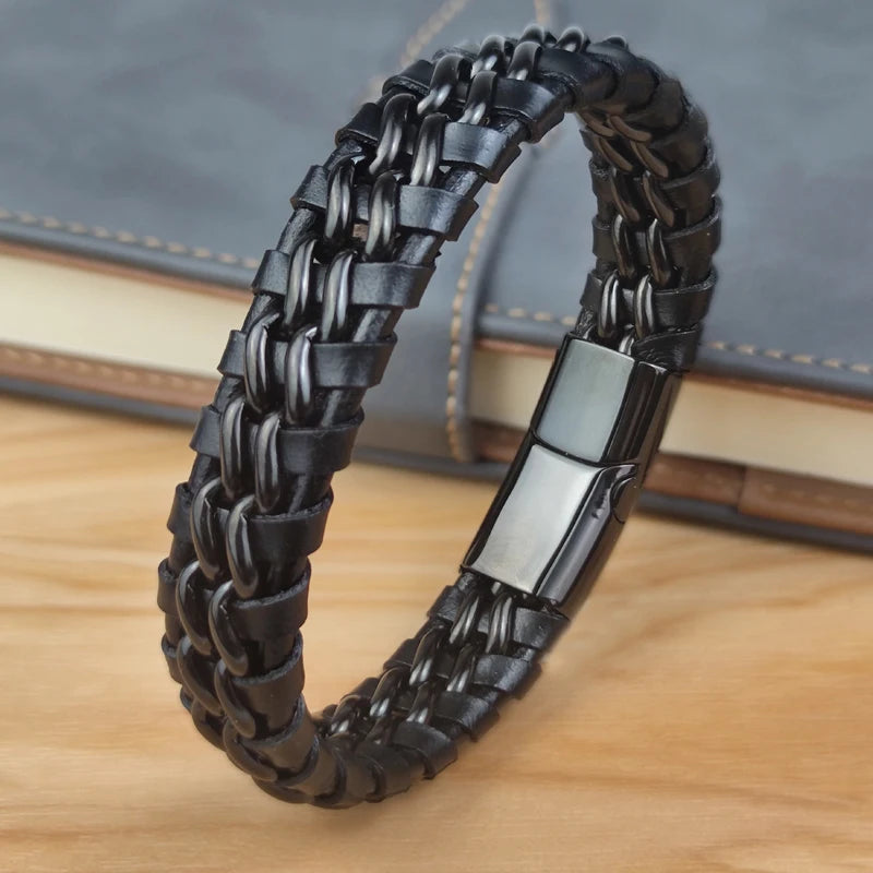 Pulseira de Couro Wrap Genuíno Para Homens Fecho Magnético de Aço Inoxidável Banhado A Ouro