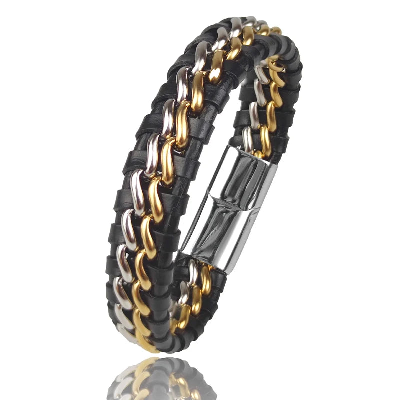 Pulseira de Couro Wrap Genuíno Para Homens Fecho Magnético de Aço Inoxidável Banhado A Ouro