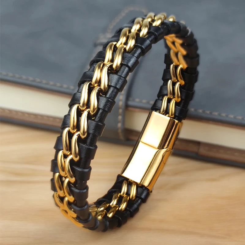 Pulseira de Couro Wrap Genuíno Para Homens Fecho Magnético de Aço Inoxidável Banhado A Ouro