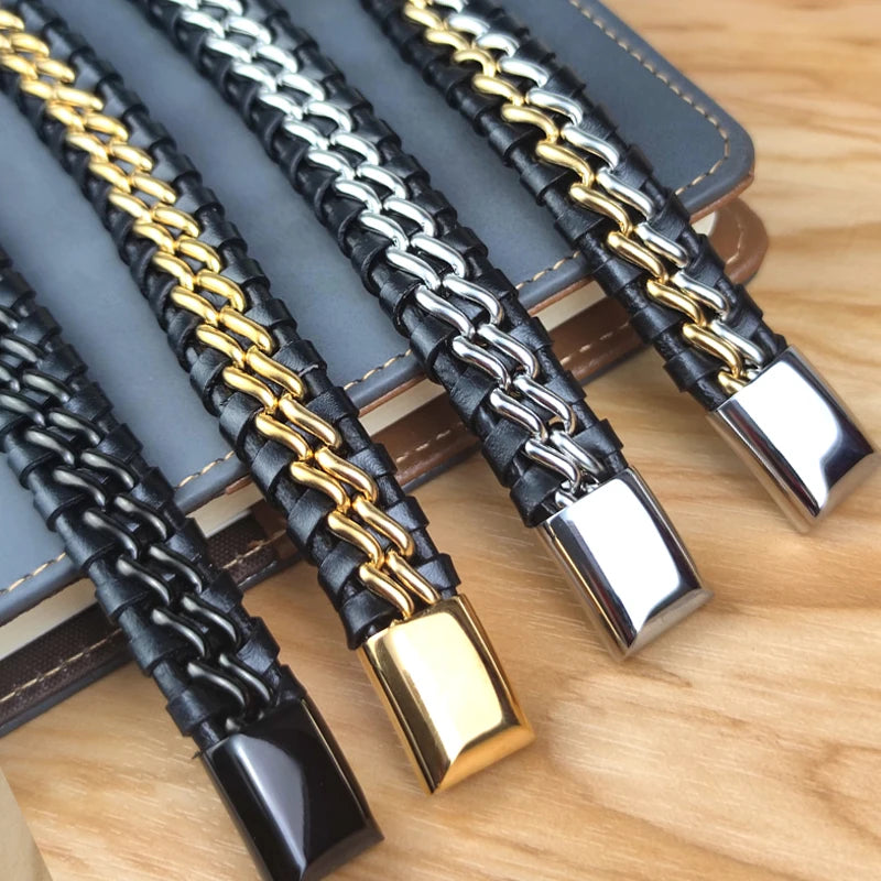 Pulseira de Couro Wrap Genuíno Para Homens Fecho Magnético de Aço Inoxidável Banhado A Ouro