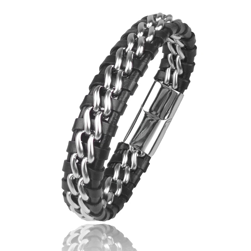 Pulseira de Couro Wrap Genuíno Para Homens Fecho Magnético de Aço Inoxidável Banhado A Ouro