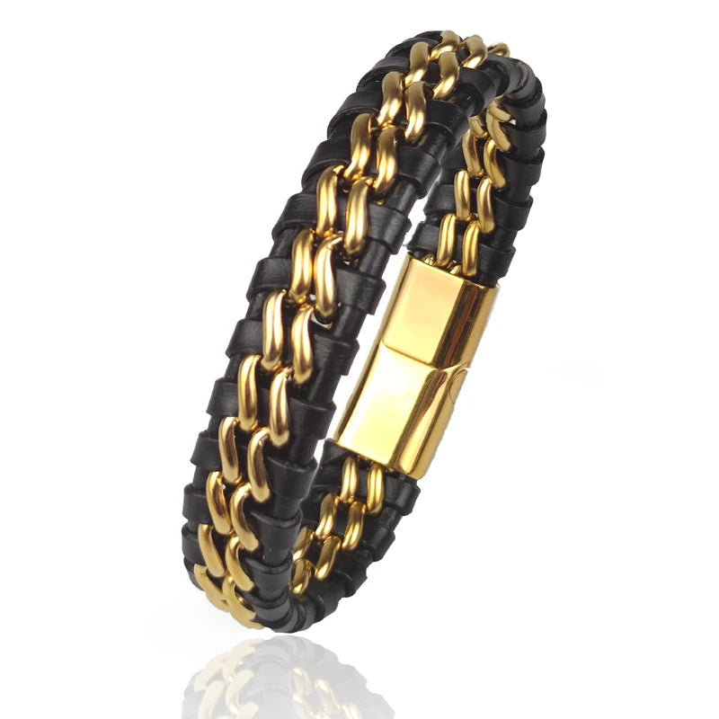 Pulseira de Couro Wrap Genuíno Para Homens Fecho Magnético de Aço Inoxidável Banhado A Ouro