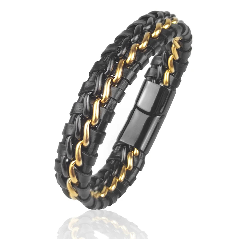 Pulseira de Couro Wrap Genuíno Para Homens Fecho Magnético de Aço Inoxidável Banhado A Ouro
