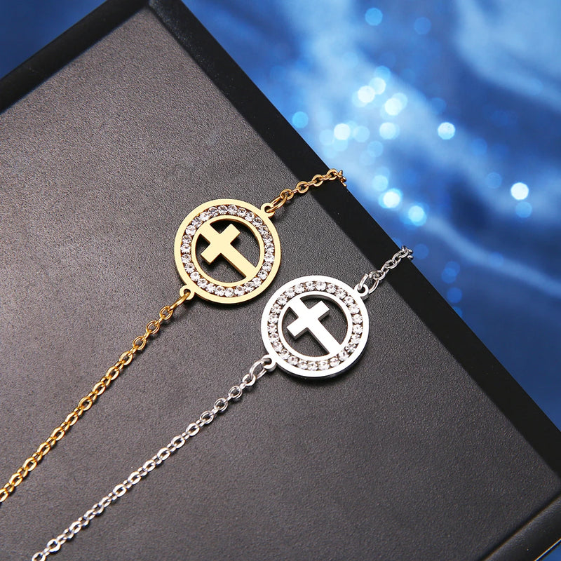 Pulseira 316L Aço Inoxidável em Cruz  De Cristal Simples