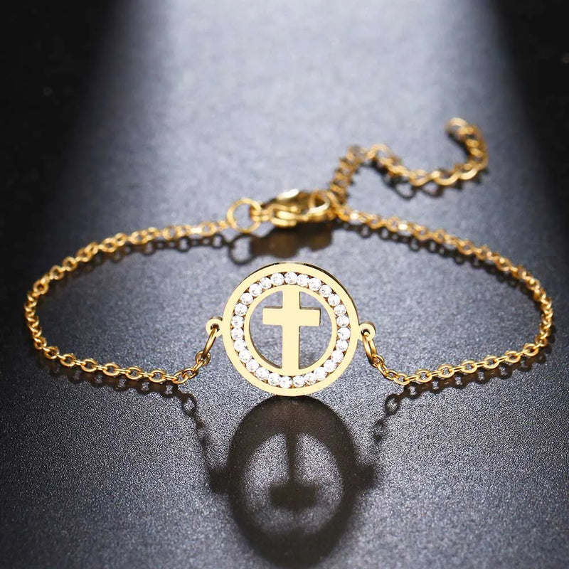 Pulseira 316L Aço Inoxidável em Cruz  De Cristal Simples