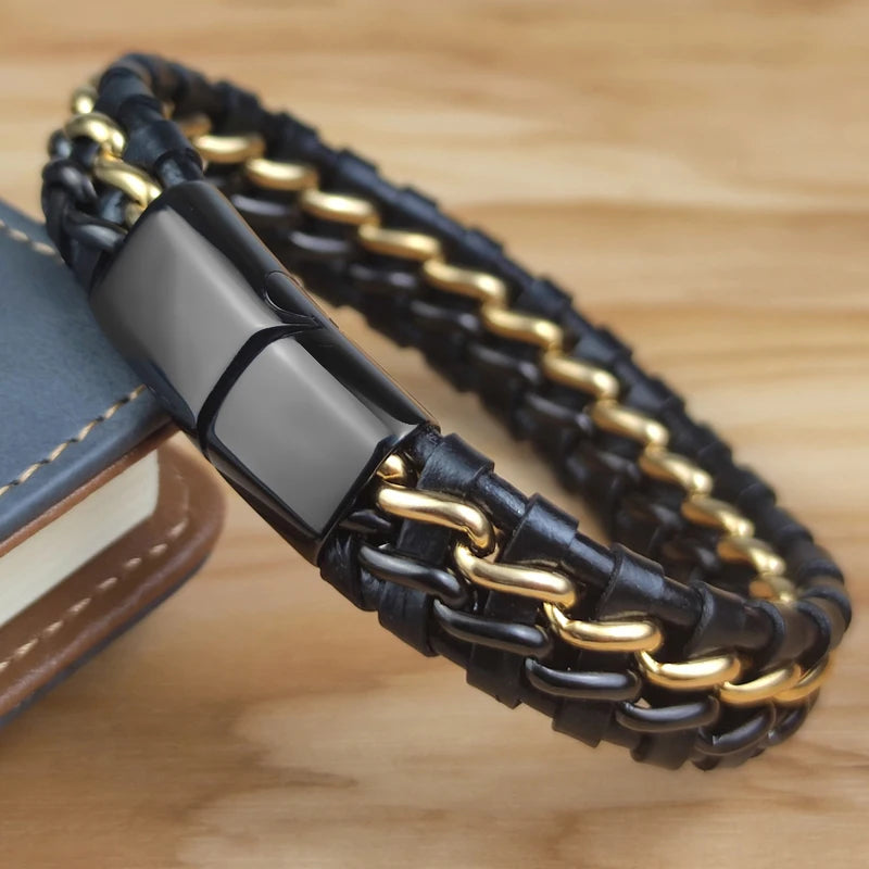Pulseira de Couro Wrap Genuíno Para Homens Fecho Magnético de Aço Inoxidável Banhado A Ouro
