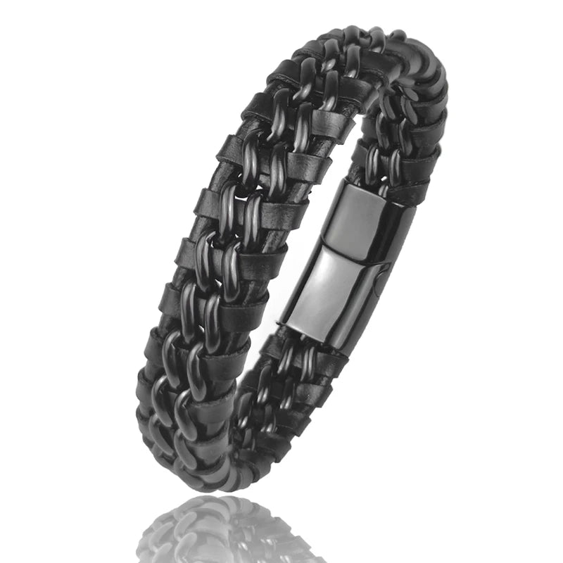 Pulseira de Couro Wrap Genuíno Para Homens Fecho Magnético de Aço Inoxidável Banhado A Ouro