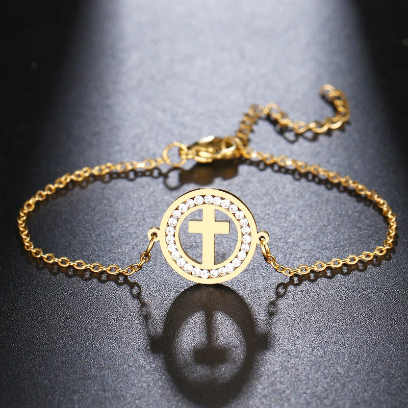 Pulseira 316L Aço Inoxidável em Cruz  De Cristal Simples