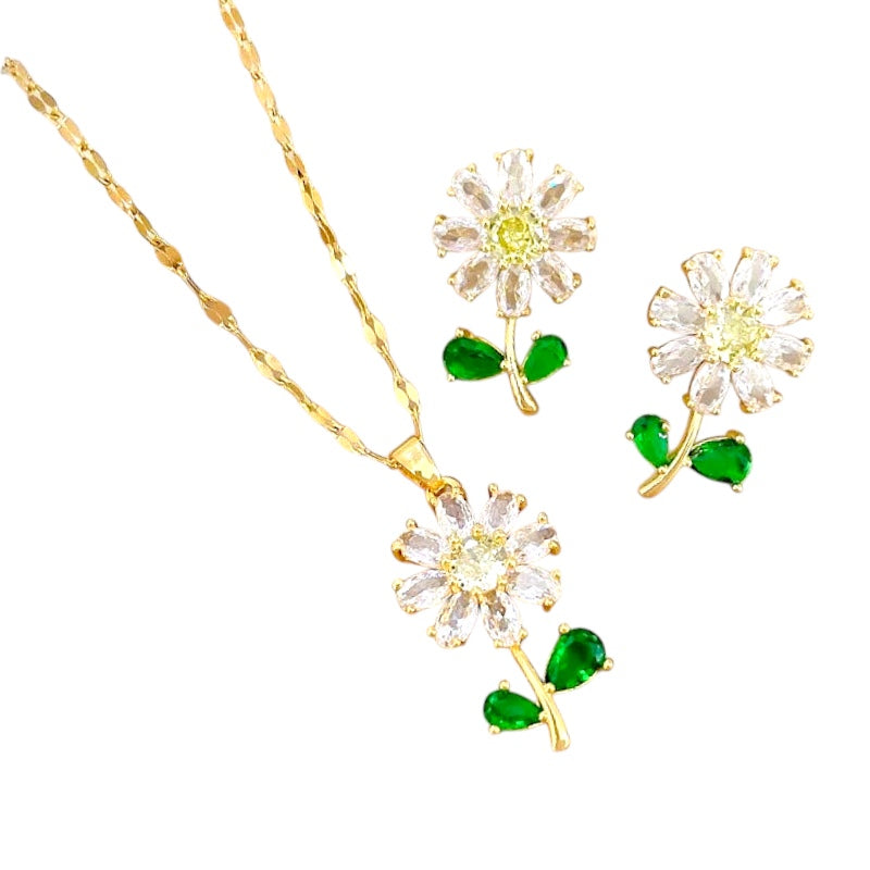 Conjunto Clássico De Colar e Brincos De Flores Com Folhas Verdes, Girassol De Luxo