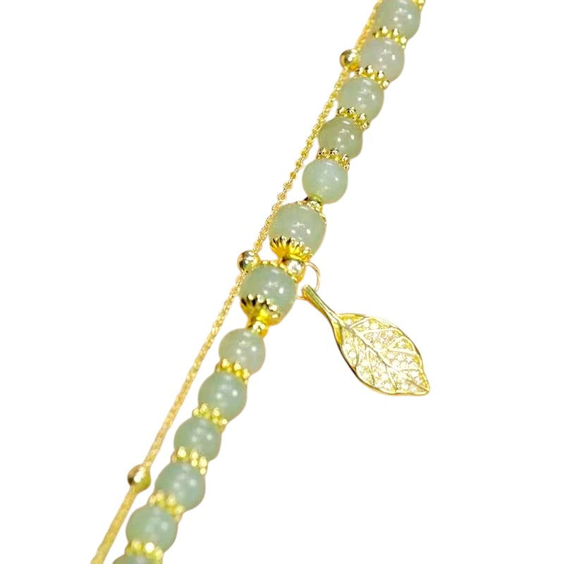 Pulseira de jade verde para mulheres, pulseira de folhas douradas , pulseira de corrente dupla