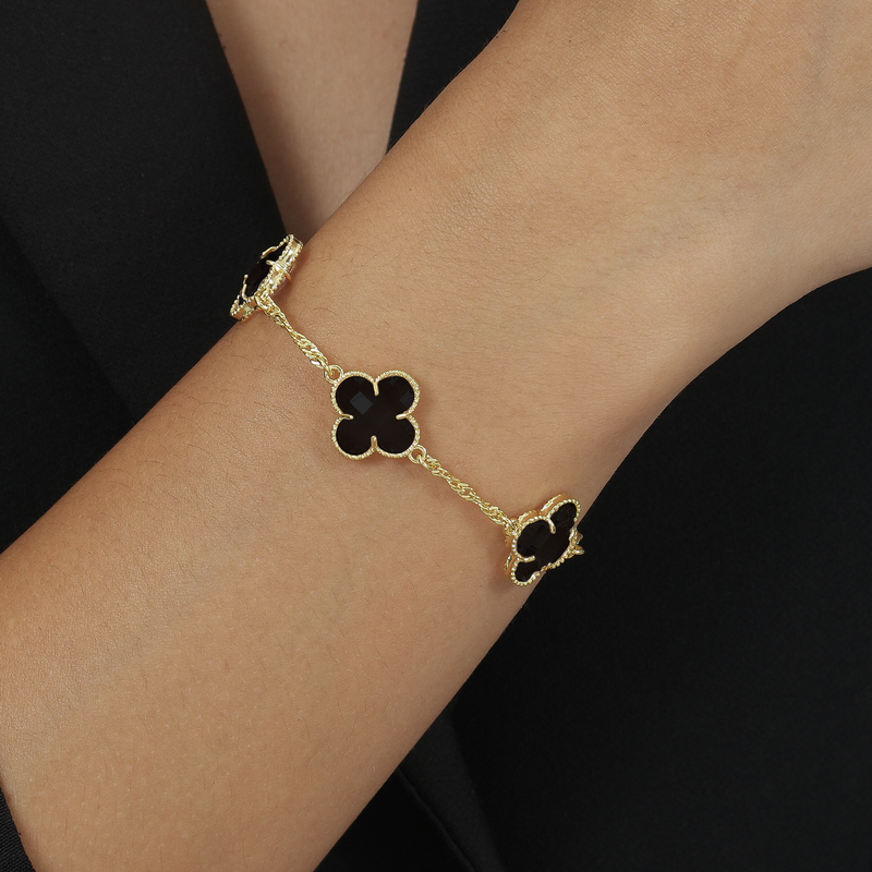 Pulseira Dourada Trevos Zircônia Preta Davyma