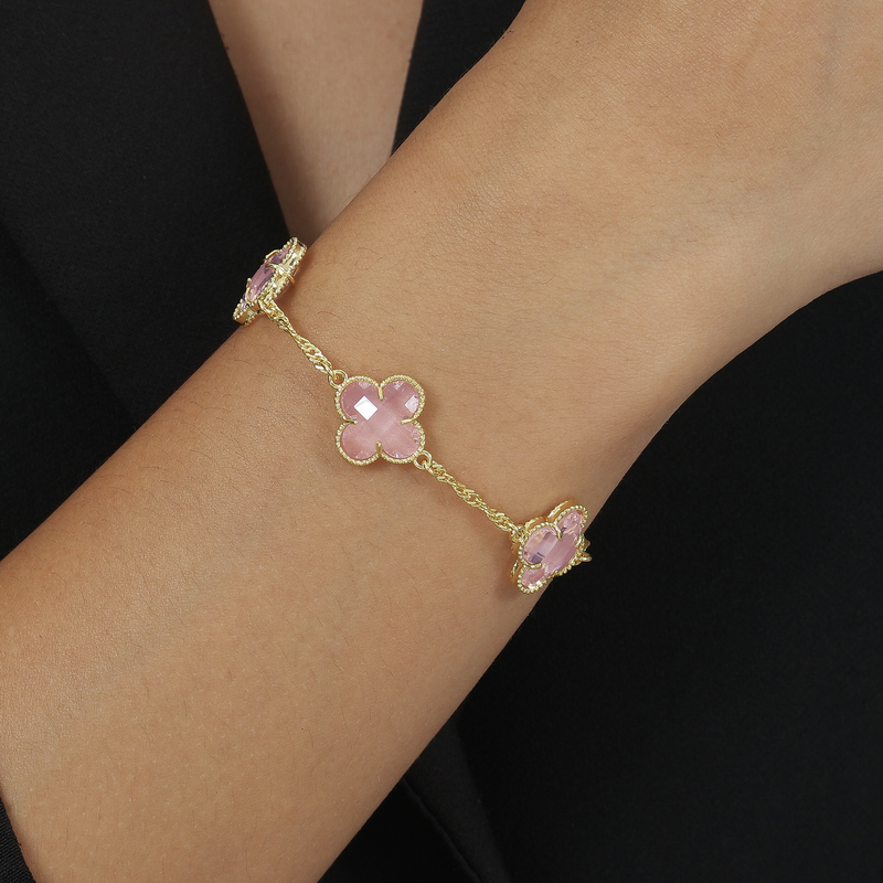 Pulseira Dourada Trevos Zircônia Rosa Davyma