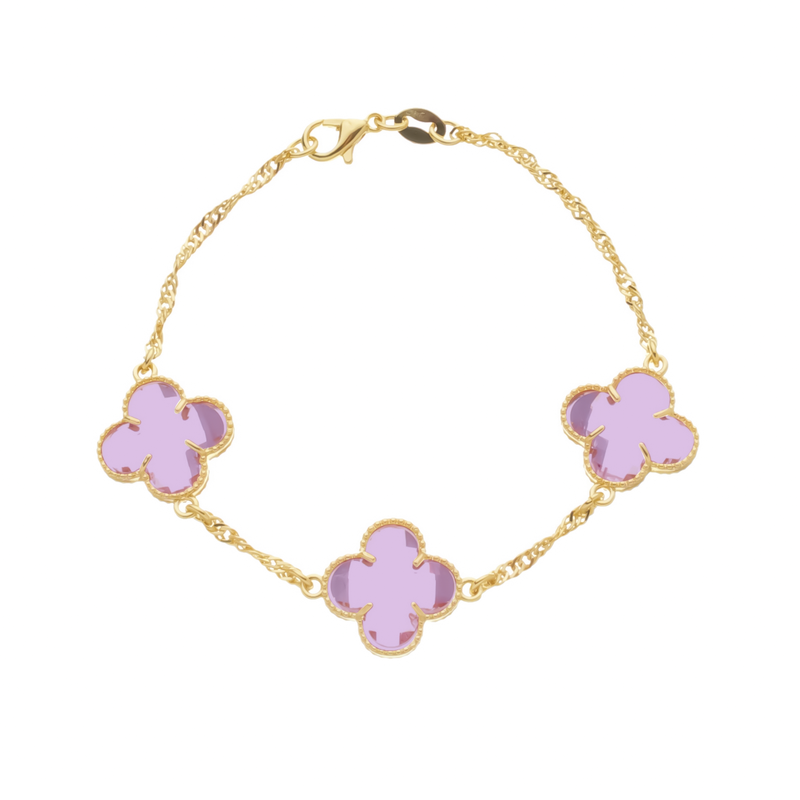 Pulseira Dourada Trevos Zircônia Rosa Davyma