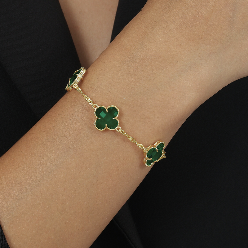 Pulseira Dourada Trevos Zircônia Verde Davyma