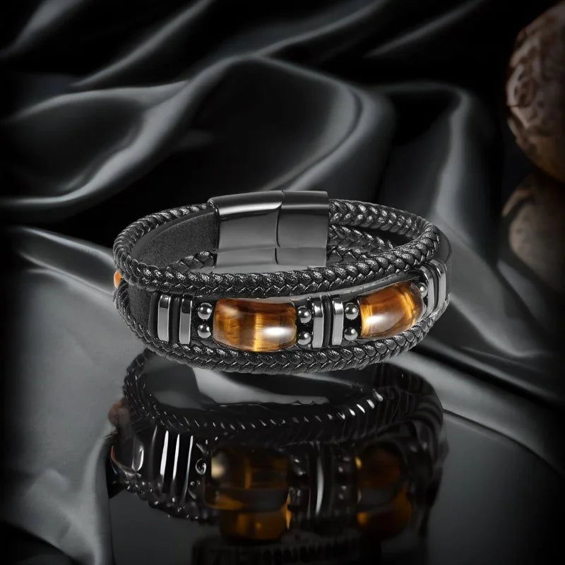 Pulseira De Couro Preto Olho De Tigre Masculina, Pedra Preciosa Natura