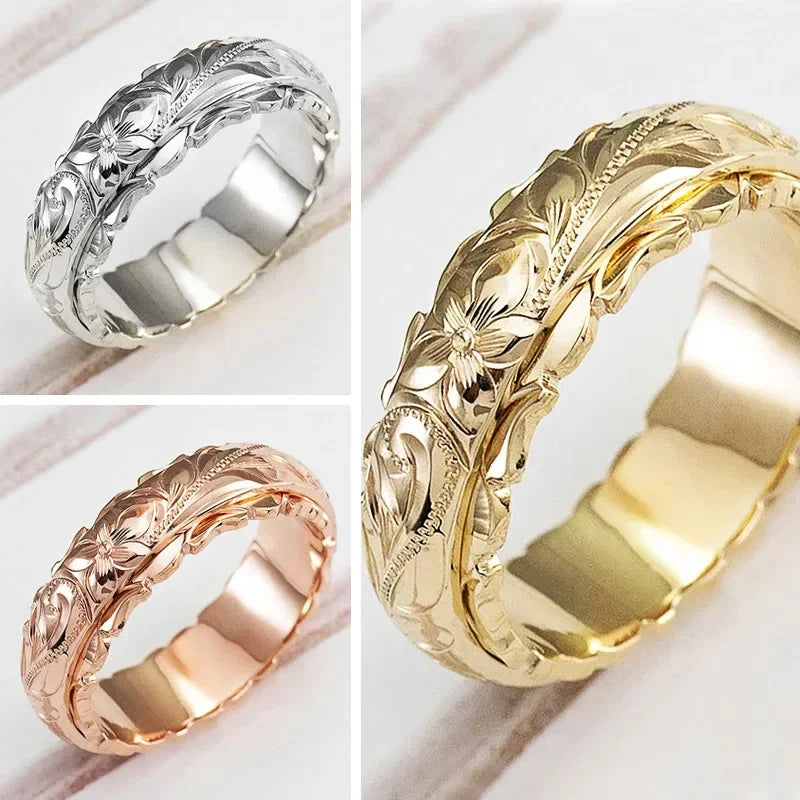 Anel de flor rosa esculpida suspensa em ouro 14 k para mulheres