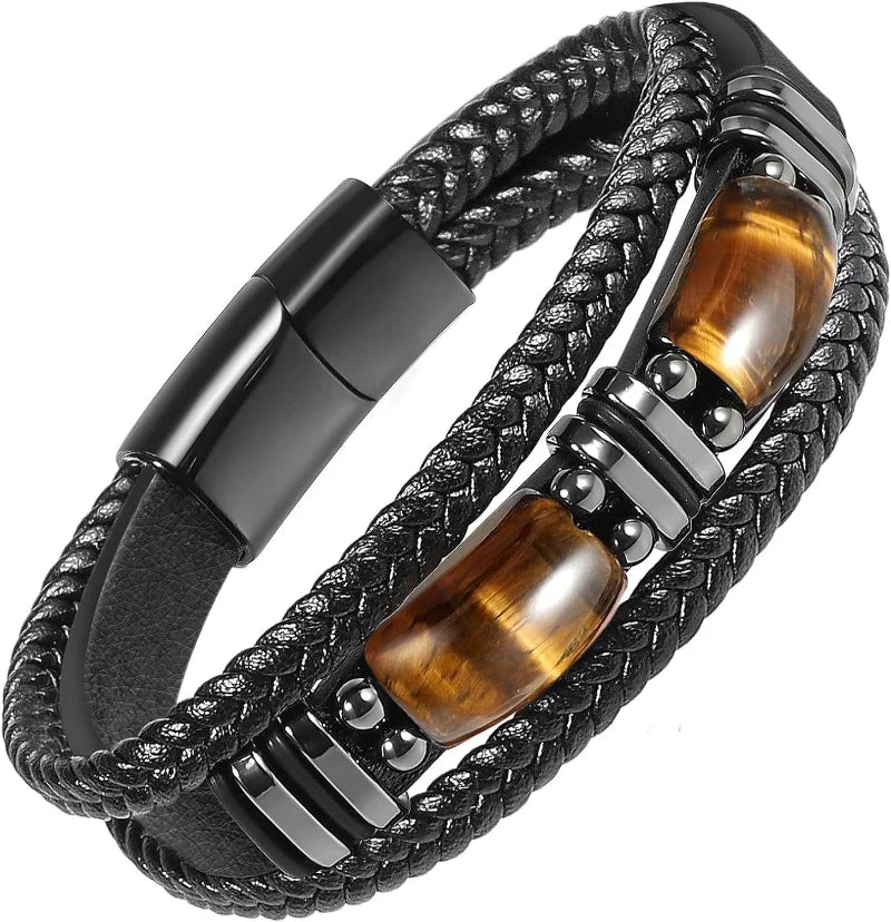 Pulseira De Couro Preto Olho De Tigre Masculina, Pedra Preciosa Natura