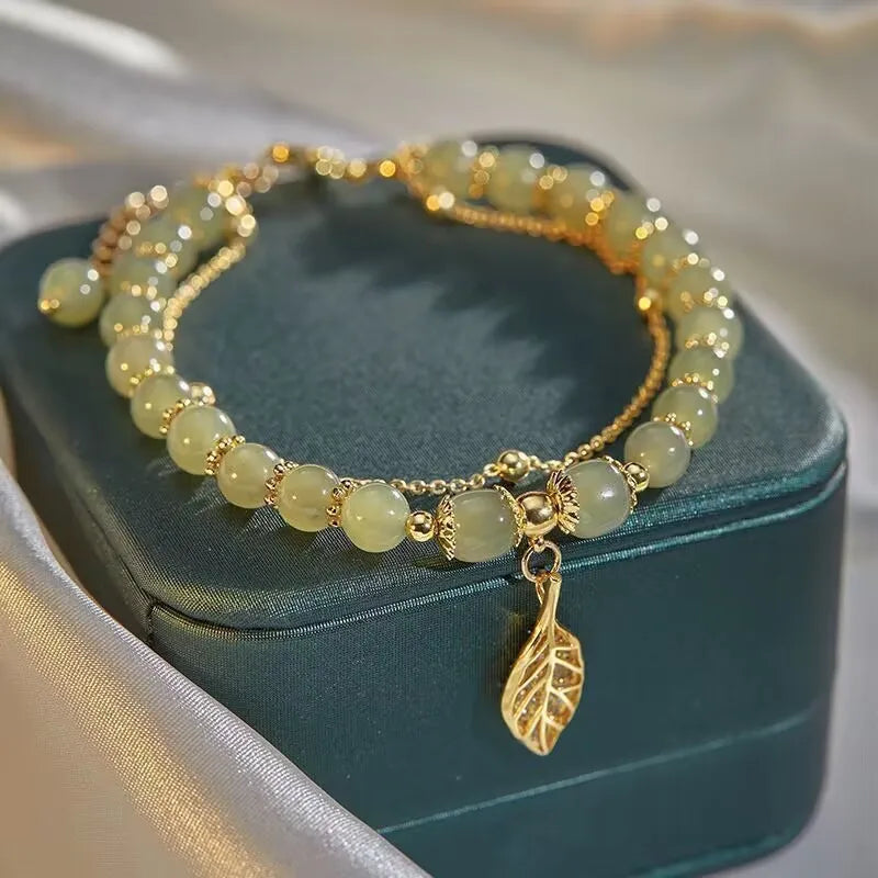 Pulseira de jade verde para mulheres, pulseira de folhas douradas , pulseira de corrente dupla