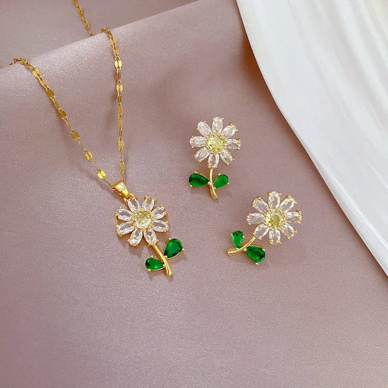 Conjunto Clássico De Colar e Brincos De Flores Com Folhas Verdes, Girassol De Luxo