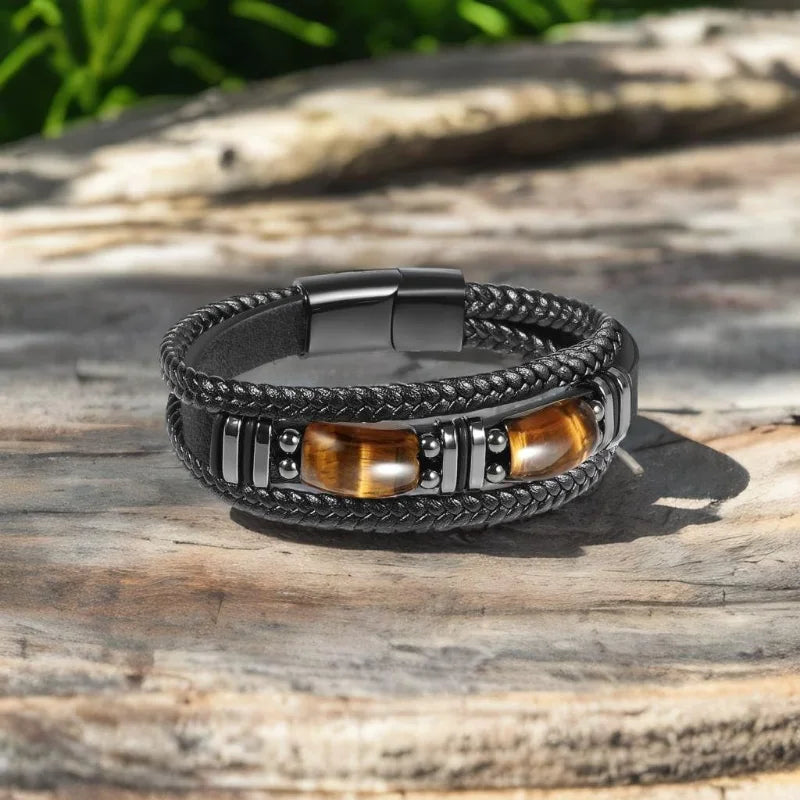 Pulseira De Couro Preto Olho De Tigre Masculina, Pedra Preciosa Natura