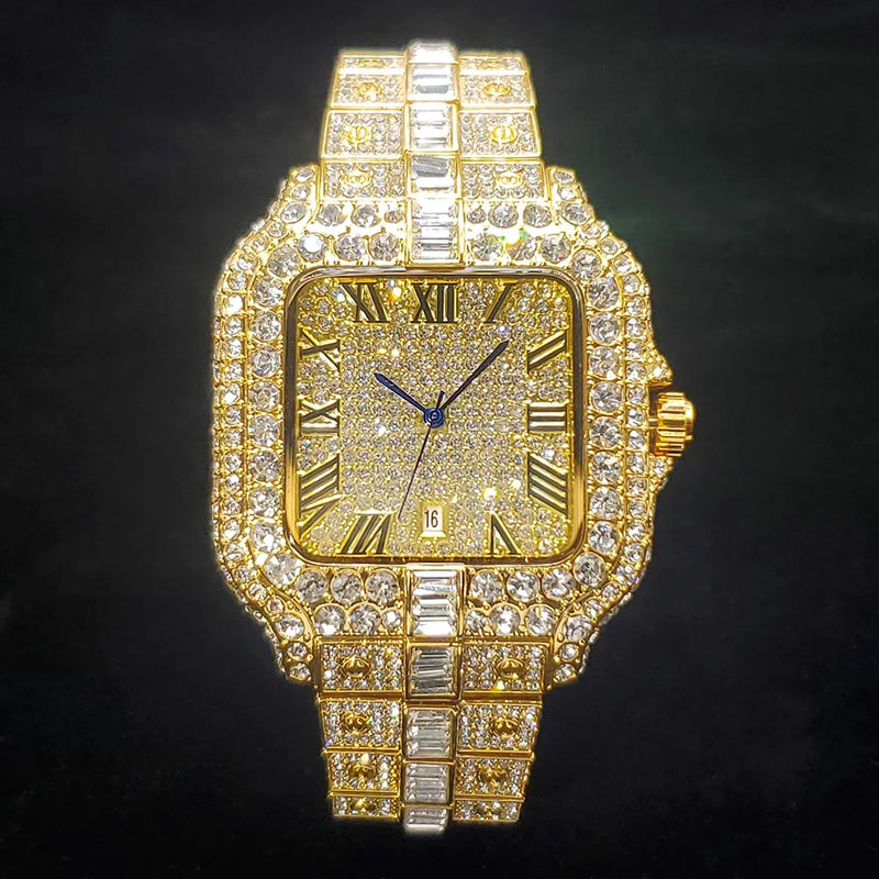 Relógio de diamante de luxo unissex estilo hip hop  à prova d'água