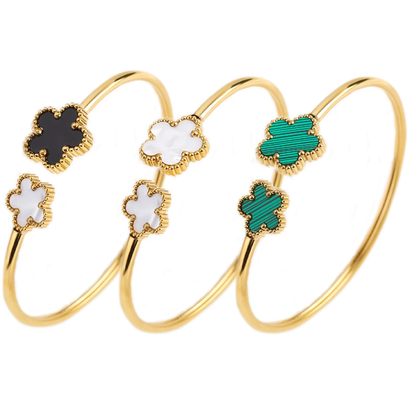 Pulseira Aberta De Flor De Cinco Folhas De Aço Inoxidável Banhada A Ouro