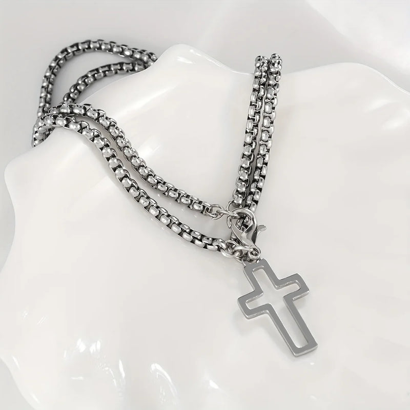 Pulseira Cruz Celestial Masculina Dupla Corrente Com Cruz