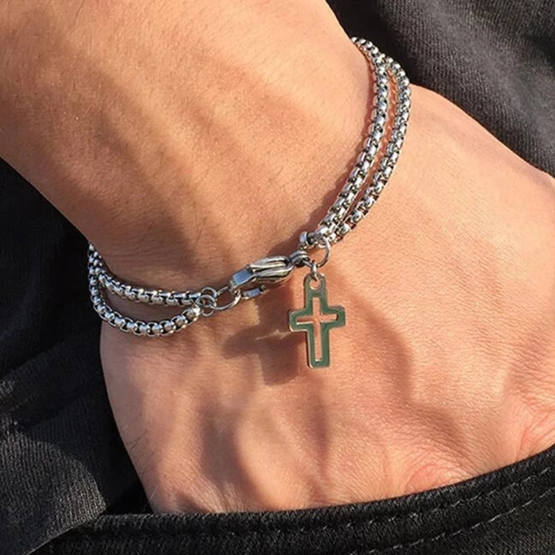 Pulseira Cruz Celestial Masculina Dupla Corrente Com Cruz