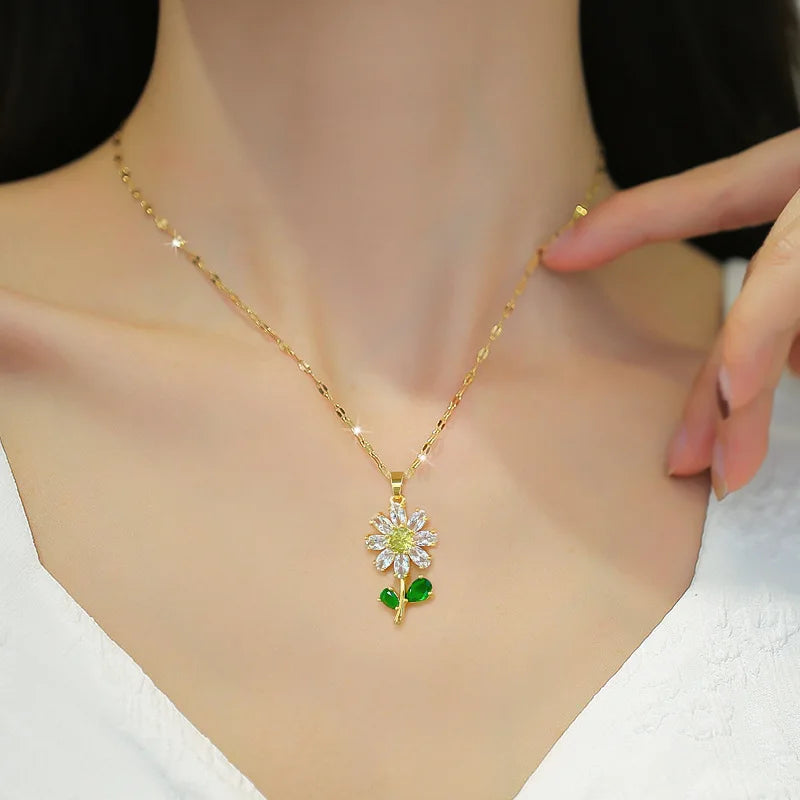 Conjunto Clássico De Colar e Brincos De Flores Com Folhas Verdes, Girassol De Luxo