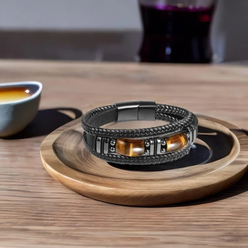 Pulseira De Couro Preto Olho De Tigre Masculina, Pedra Preciosa Natura