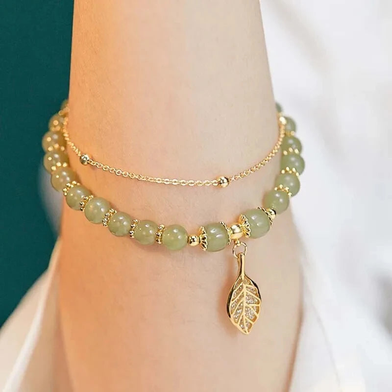 Pulseira de jade verde para mulheres, pulseira de folhas douradas , pulseira de corrente dupla