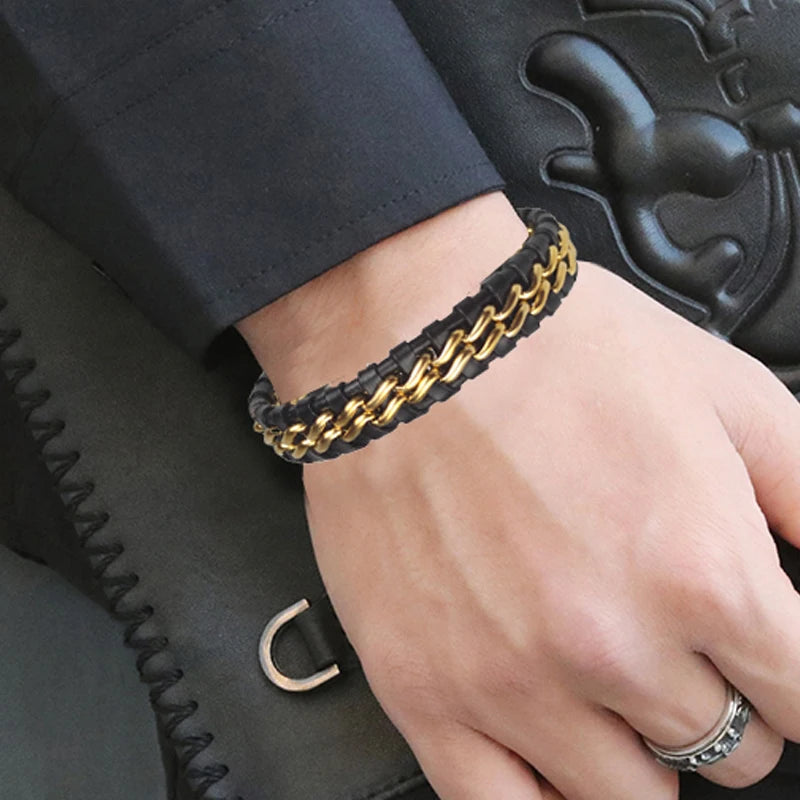 Pulseira de Couro Wrap Genuíno Para Homens Fecho Magnético de Aço Inoxidável Banhado A Ouro