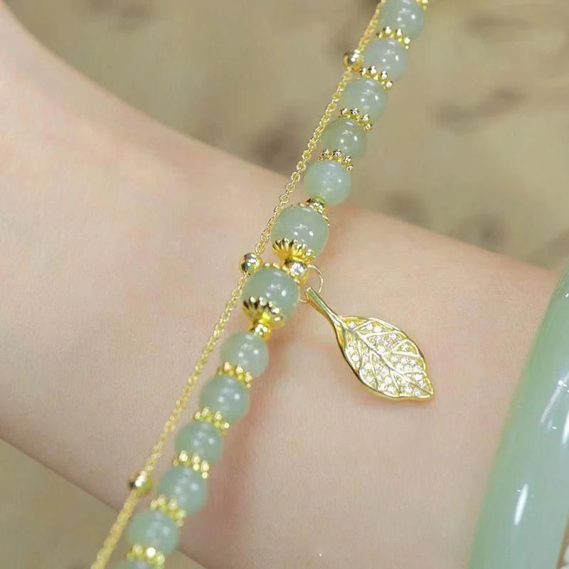 Pulseira de jade verde para mulheres, pulseira de folhas douradas , pulseira de corrente dupla