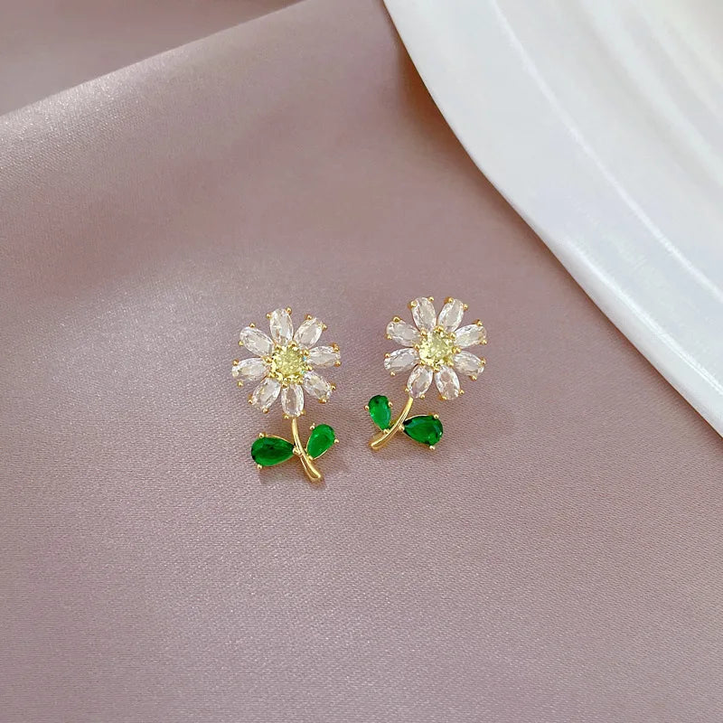 Conjunto Clássico De Colar e Brincos De Flores Com Folhas Verdes, Girassol De Luxo