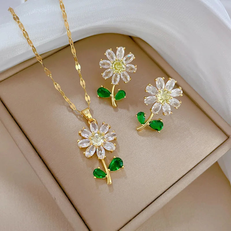 Conjunto Clássico De Colar e Brincos De Flores Com Folhas Verdes, Girassol De Luxo