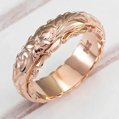 Anel de flor rosa esculpida suspensa em ouro 14 k para mulheres