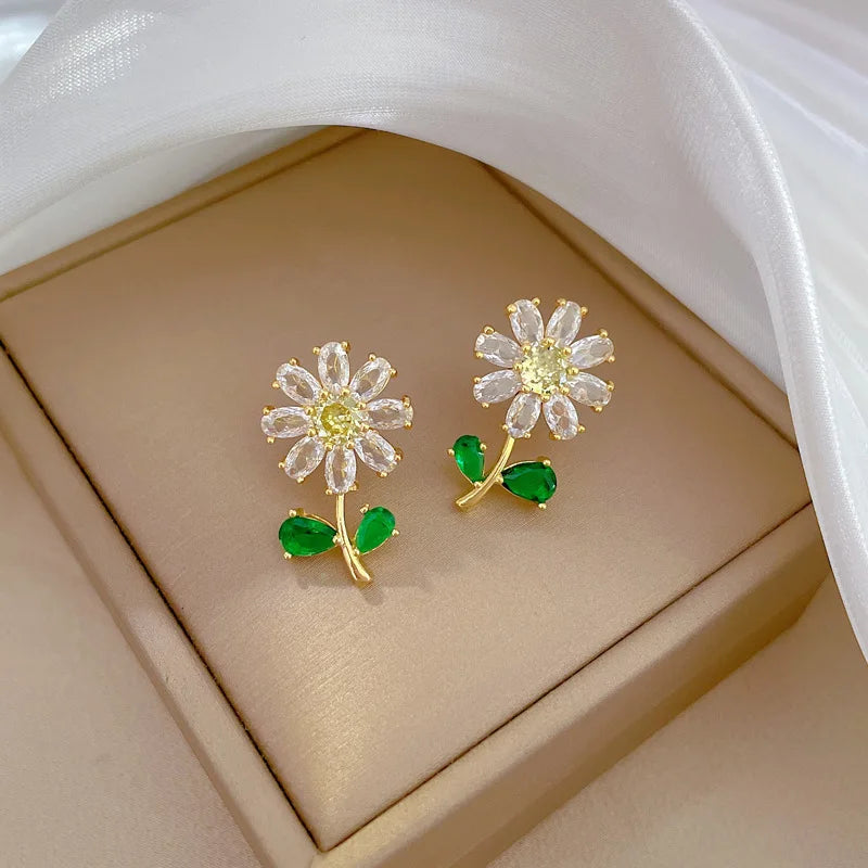 Conjunto Clássico De Colar e Brincos De Flores Com Folhas Verdes, Girassol De Luxo