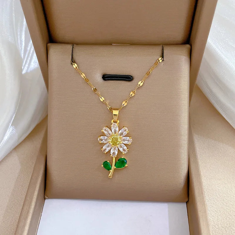 Conjunto Clássico De Colar e Brincos De Flores Com Folhas Verdes, Girassol De Luxo