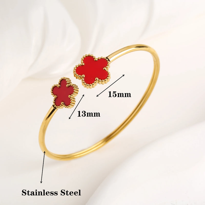 Pulseira Aberta De Flor De Cinco Folhas De Aço Inoxidável Banhada A Ouro