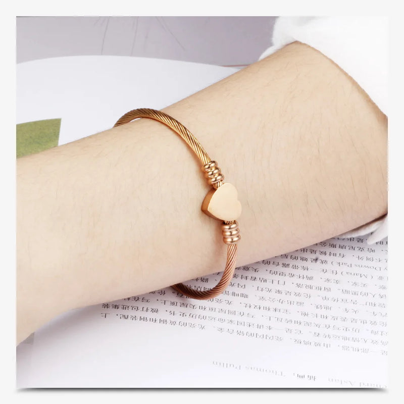 Pulseira de coração ouro rosa,cabo de aço inoxidável Super delicada