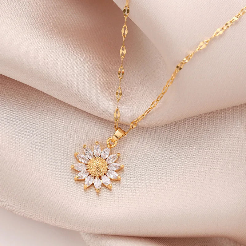 Colar de girassol aço inoxidável 18k banhado a ouro.
