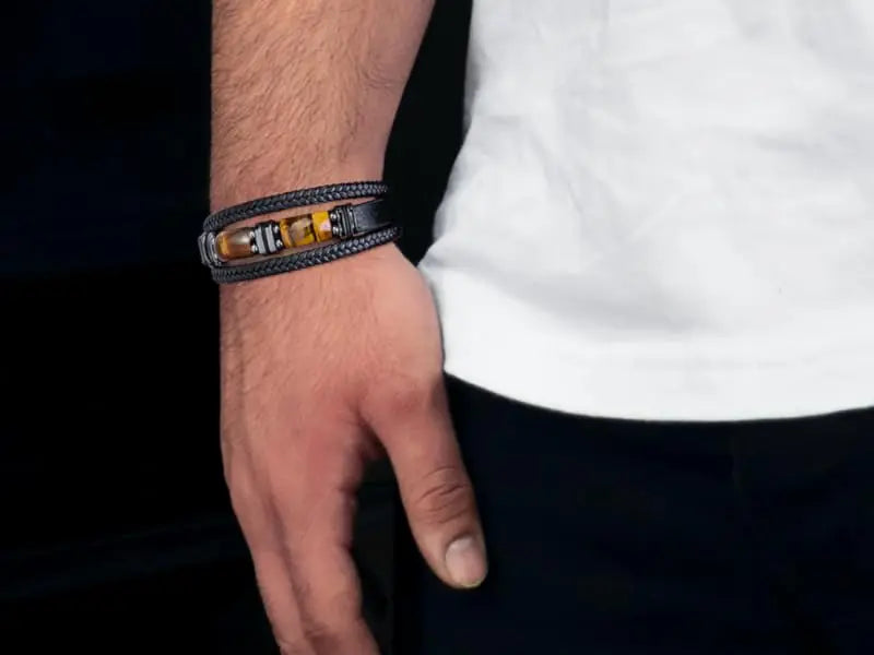 Pulseira De Couro Preto Olho De Tigre Masculina, Pedra Preciosa Natura