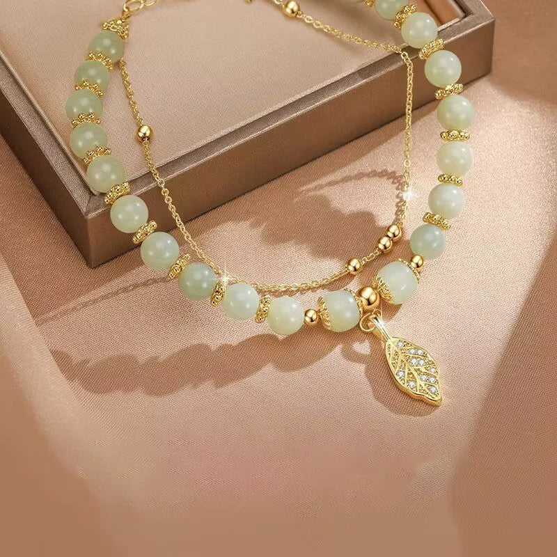 Pulseira de jade verde para mulheres, pulseira de folhas douradas , pulseira de corrente dupla