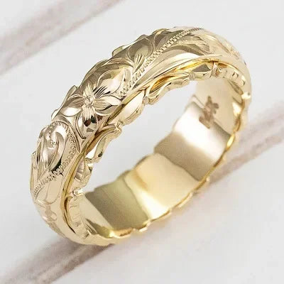 Anel de flor rosa esculpida suspensa em ouro 14 k para mulheres
