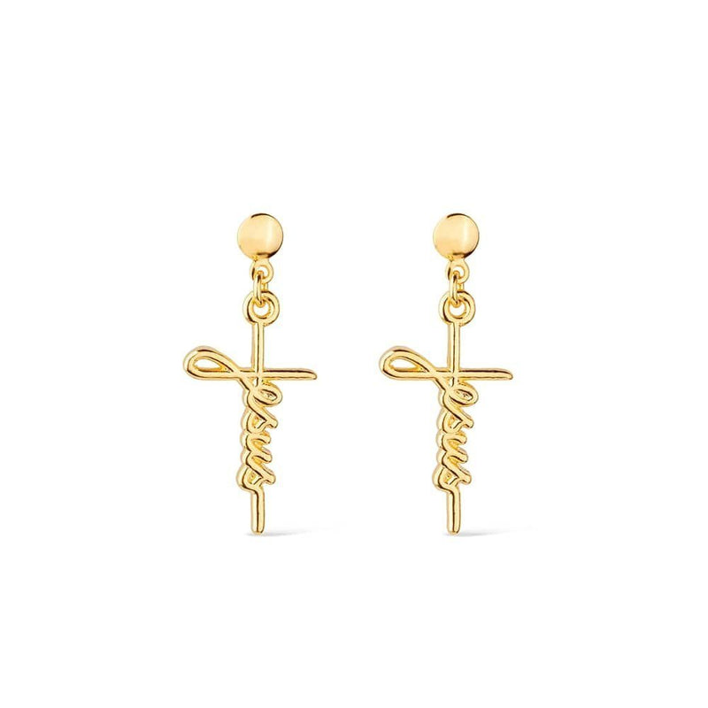 Brinco Dourado de Cruz com a palavra Jesus Davyma